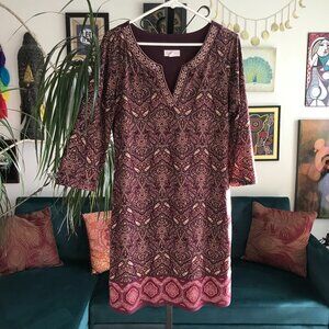 MAGNOLIA GRACE size M Burgundy & Plum Embroidered Paisley Stretch Jersey Dress